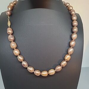 Vintage Freshwater Pearl Necklace  14K Filigree Clasp Bronze Hand Knotted